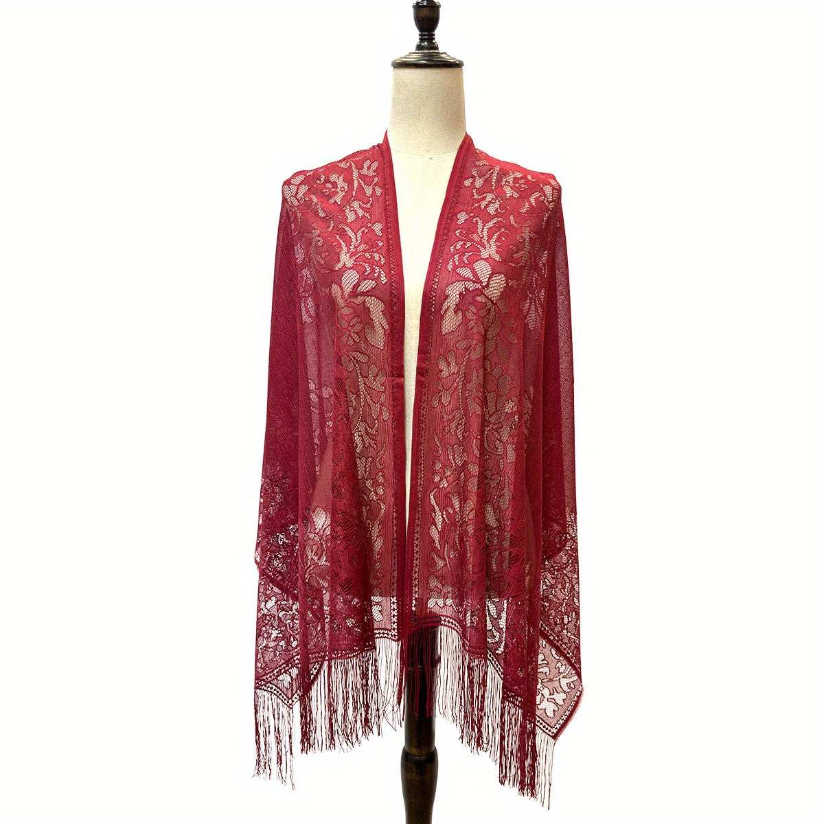 Red Lace Tassel Scarf Floral Shawl for Party Prom Wedding Bridal