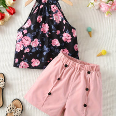 2pcs Girls Floral Halter Top & Button Shorts Set Summer Clothes
