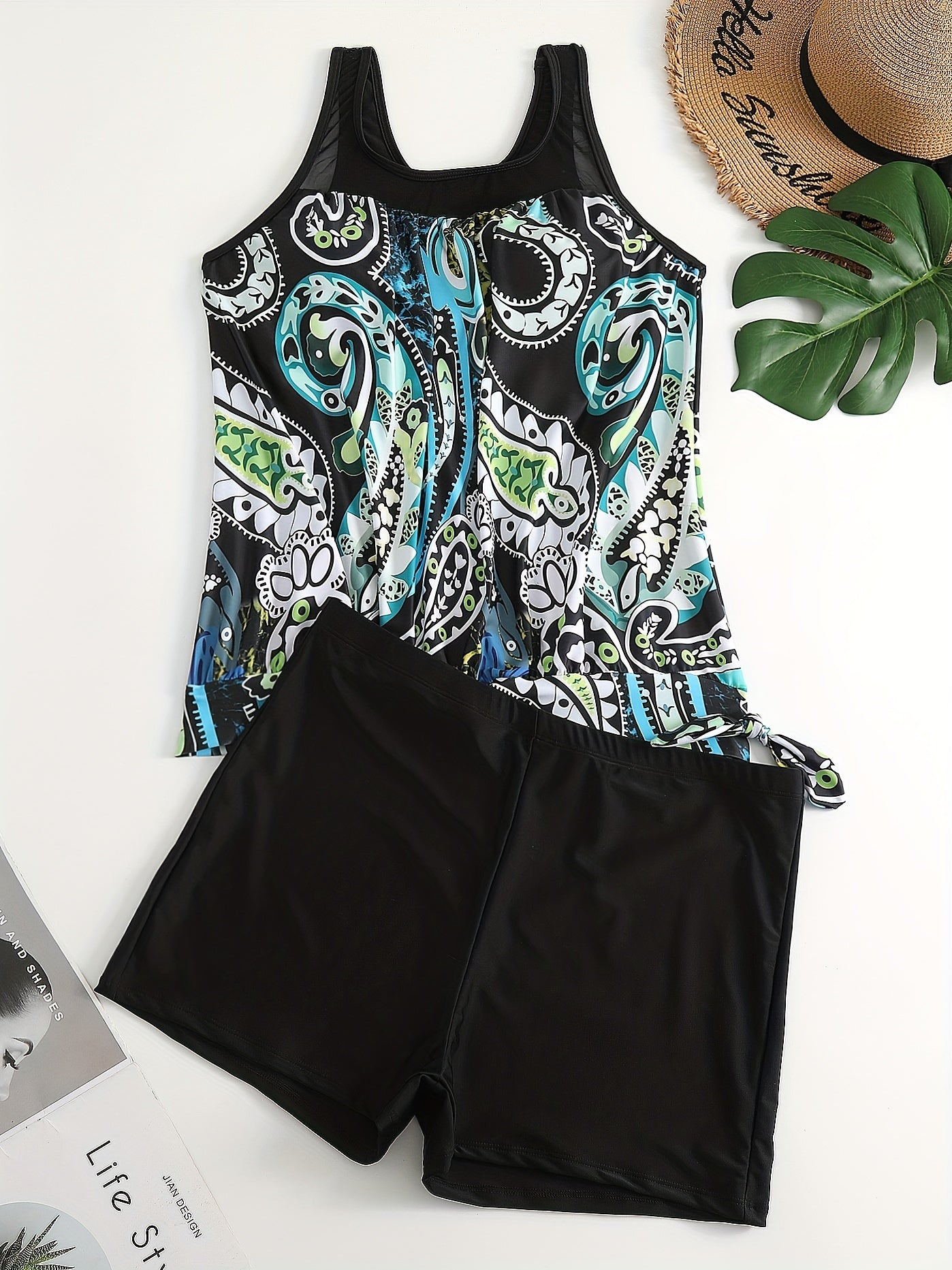 Paisley Print Mesh Tank Top & Shorts Swimsuit Set