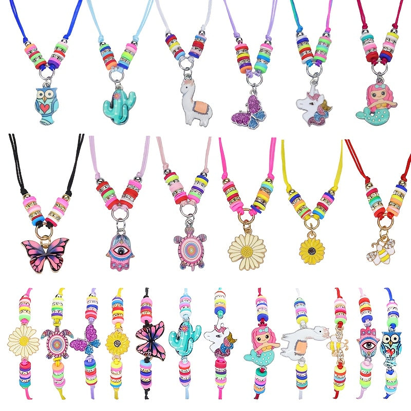 24pcs Cartoon Mermaid Butterfly Bee Charm Children's Bracelet Necklace Set