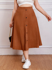Casual Swing Maxi Skirt Solid Color High Rise Button Detail