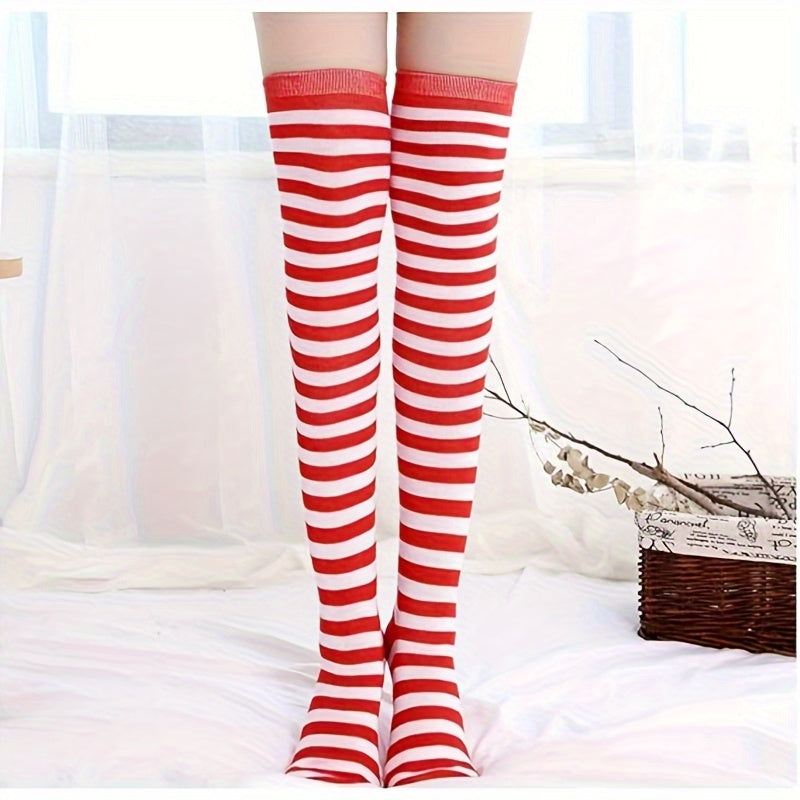 Red&Purple Striped Knee High Socks Christmas Party Long Socks