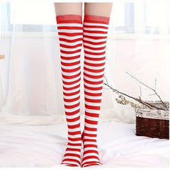 Red&Purple Striped Knee High Socks Christmas Party Long Socks