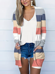 Colorblock Open Front Cardigan With Pockets