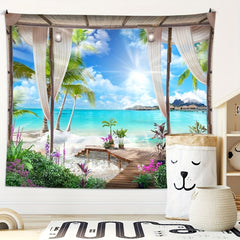 Seaside Window Scenery Tapestry Beach View Home Decor Dorm Room