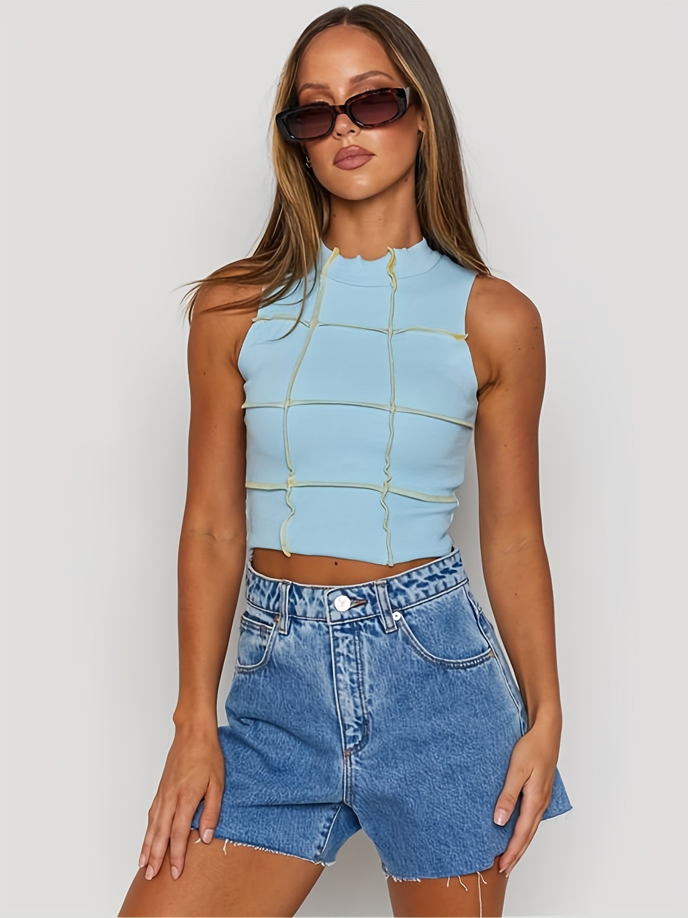 Plaid Stitching Tank Top Slim Fit Collared Sports Crop Top Women's Activewear