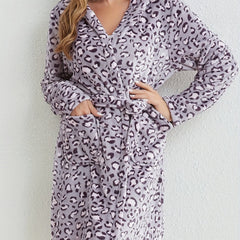 Leopard Hooded Fuzzy Night Robe Warm Long Sleeve Robe