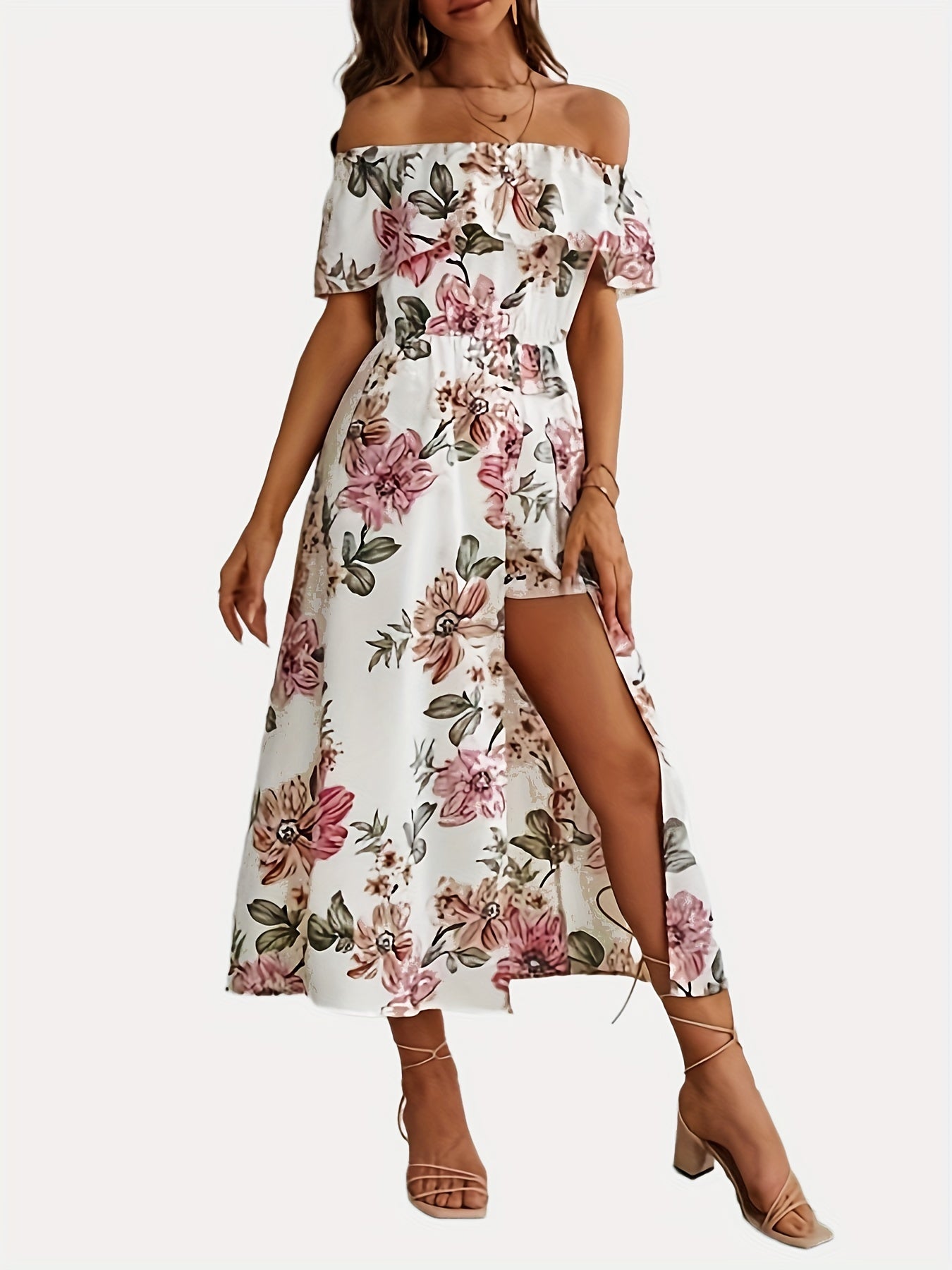 Floral Print Off Shoulder Romper Boho Short Sleeve Romper