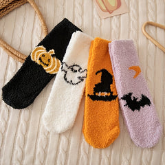 4 Pairs Pumpkin & Bat Print Halloween Fuzzy Socks Women's Stockings