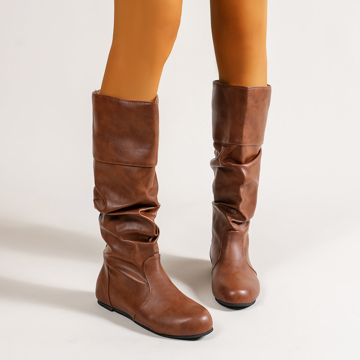 Women's Ruched Mid Calf Riding Boots in Dark Brown