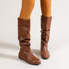 Women's Ruched Mid Calf Riding Boots in Dark Brown
