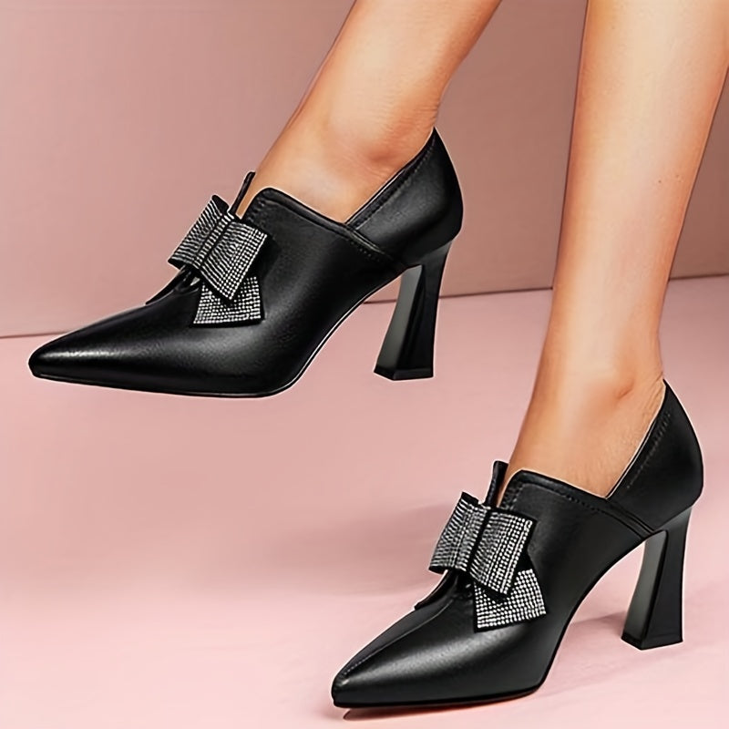 Rhinestone Bow High Heels Pointed Toe Slip On Dress Shoes