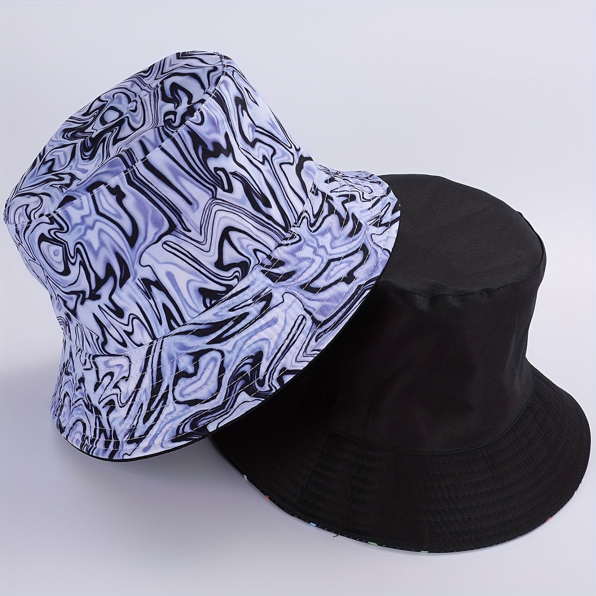 Grey Stripe Print Bucket Hat Tie Dye Reversible Fisherman Cap