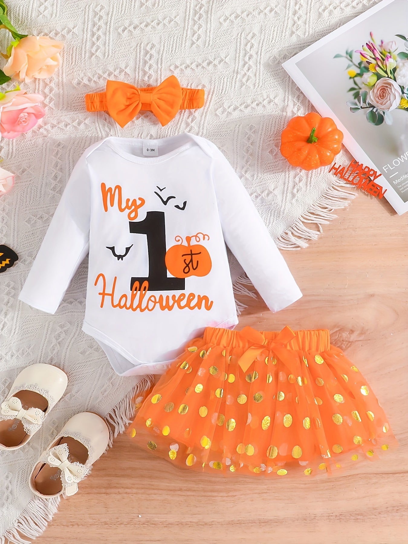3pcs Baby Girls My 1st Halloween Onesie & Mesh Skirt Set