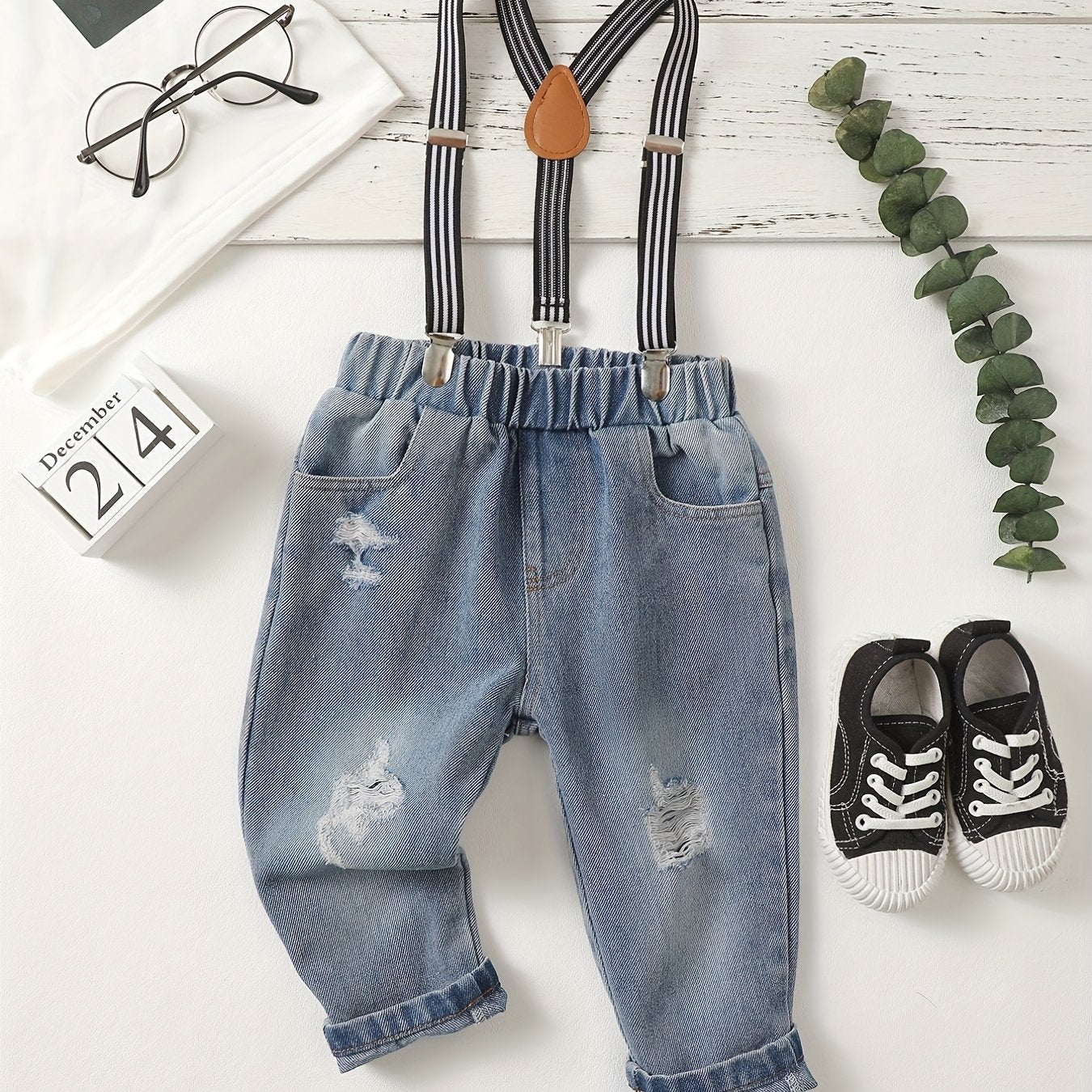 Baby Boys Ripped Denim Suspender Pants Jeans