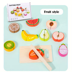 Wooden Reusable Play Kitchen Set with Fruits, Seafood, Desserts, and Cutting Kit