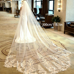 Ivory Bridal Cathedral Wedding Veil Lace Embroidery With Comb