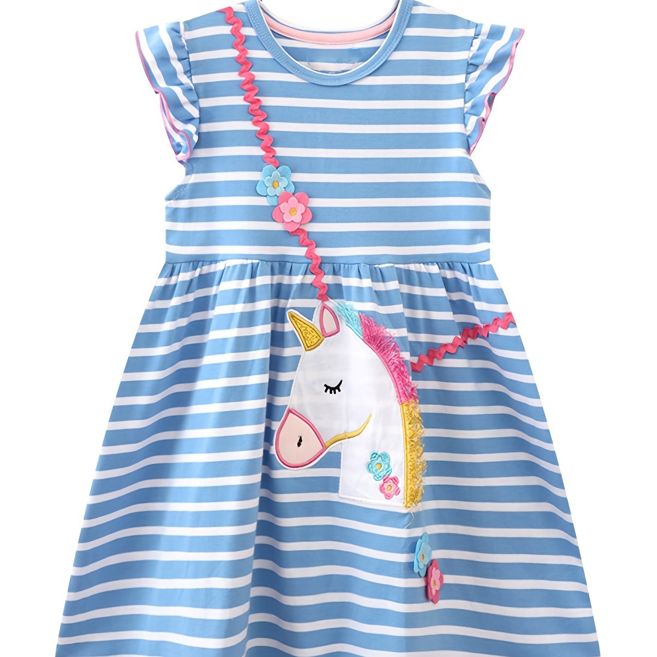 Toddler Girls Unicorn Embroidery Striped Cotton Casual Dress