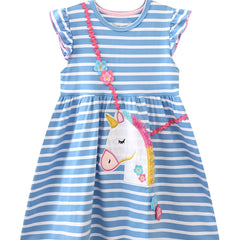 Toddler Girls Unicorn Embroidery Striped Cotton Casual Dress