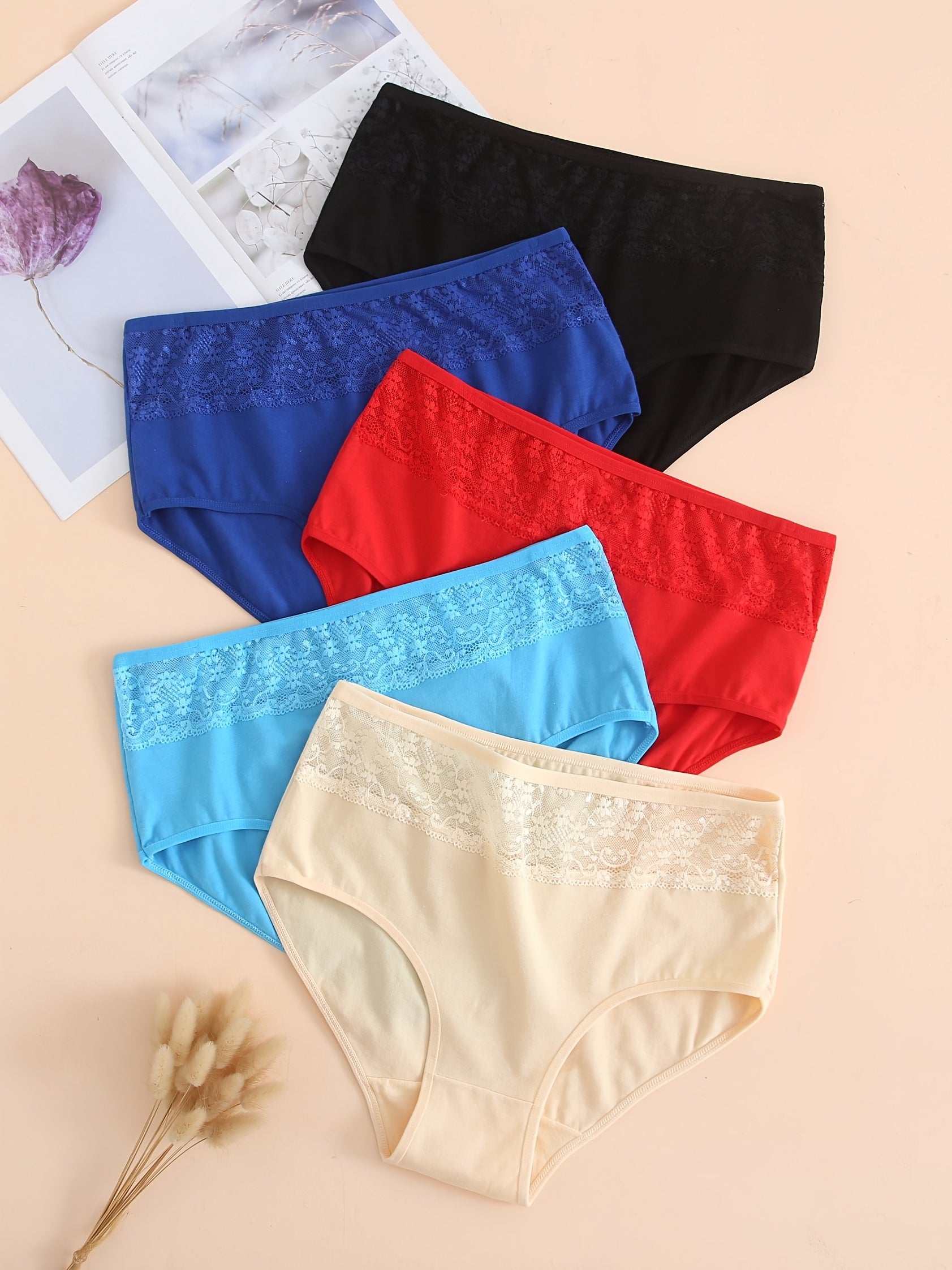 5 Pack Plus Size Lace Midi Stretch Comfort Briefs Set