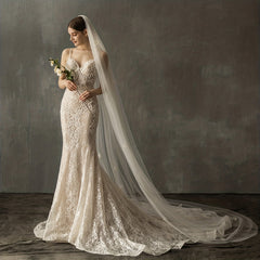 Cathedral Style Bridal Veil with Comb Inlaid Flower