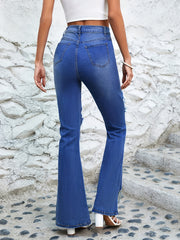 Distressed Flared Jeans Slash Pockets Wide Legs