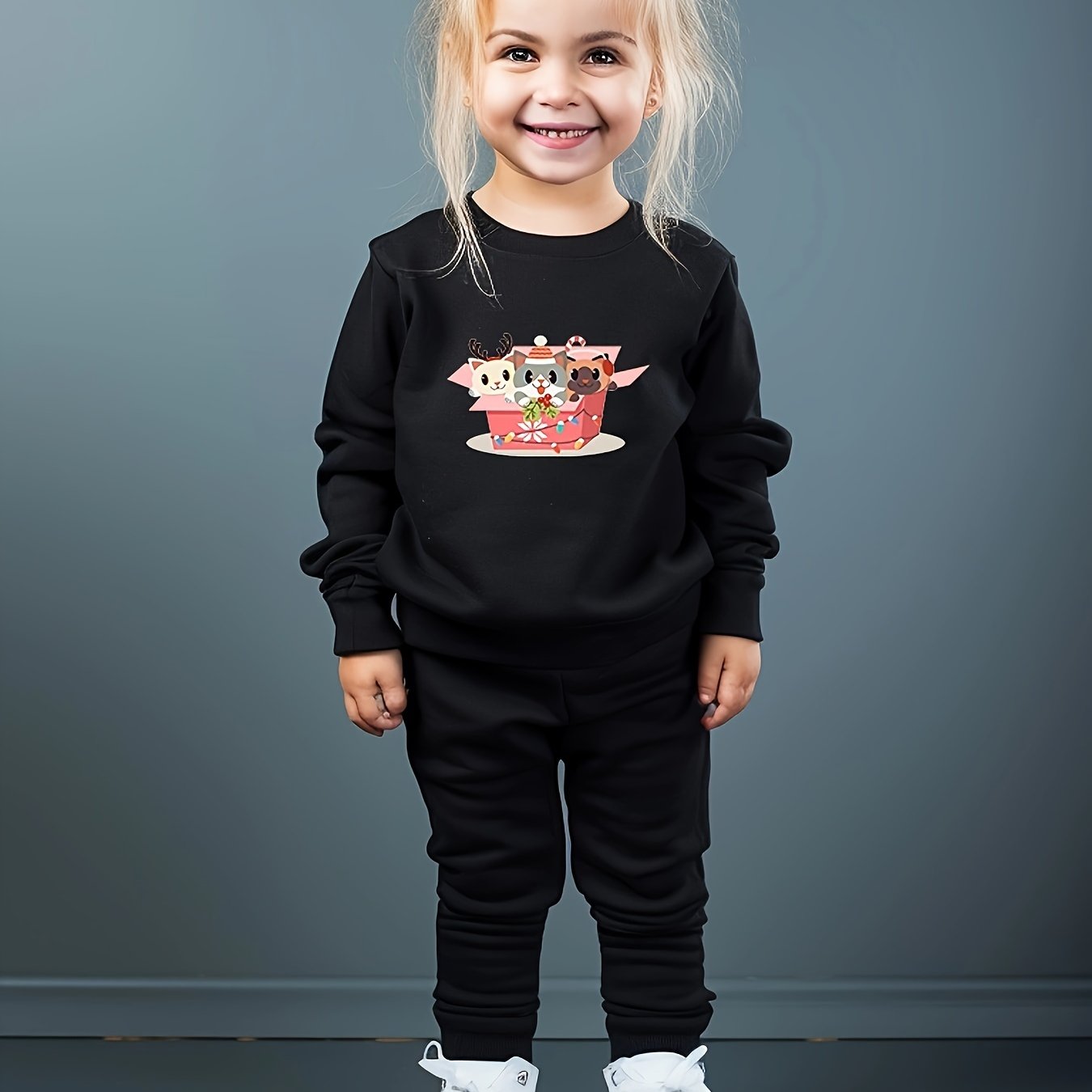2pc Cartoon Cats Crew Neck Sweatshirt & Sweatpants Set for Girls