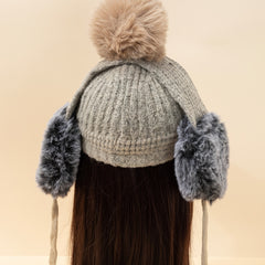 Beige Pompom Baseball Cap Winter Knit Hat With Earmuffs