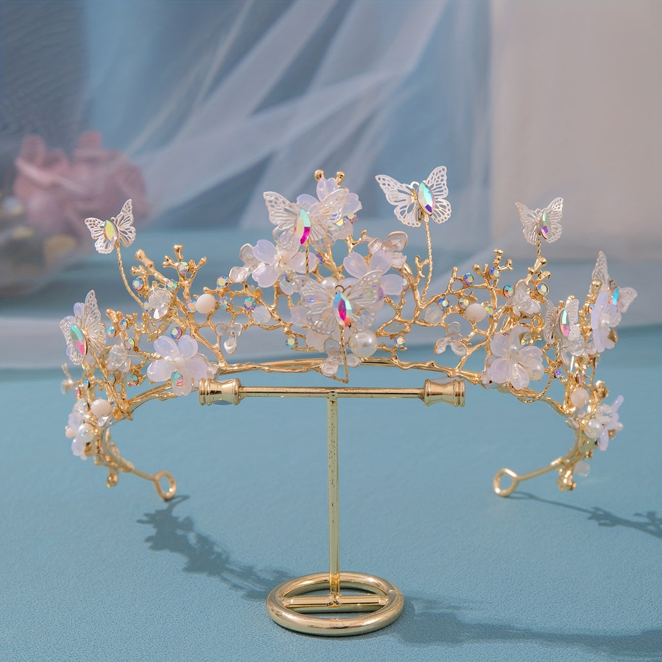 Bridal Pearl Rhinestone Crown Tiara Butterfly Floral Crown Wedding Gift
