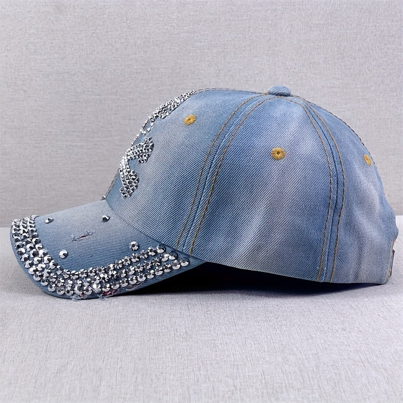 Washed Distressed Baseball Cap Rhinestone Skull Denim Dad Hats Light Adjustable