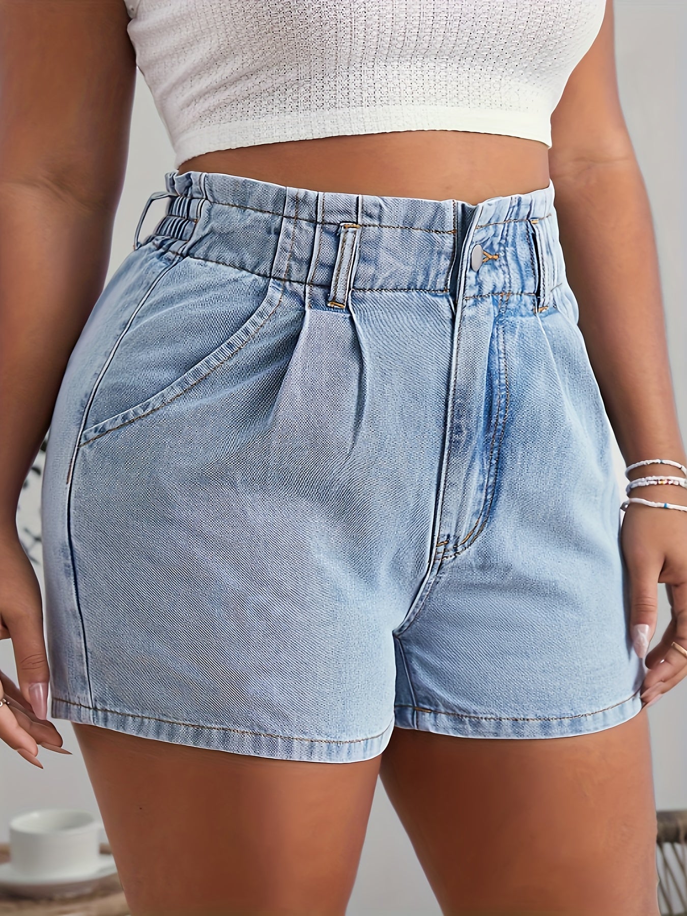 Solid Button Fly High Rise Denim Shorts