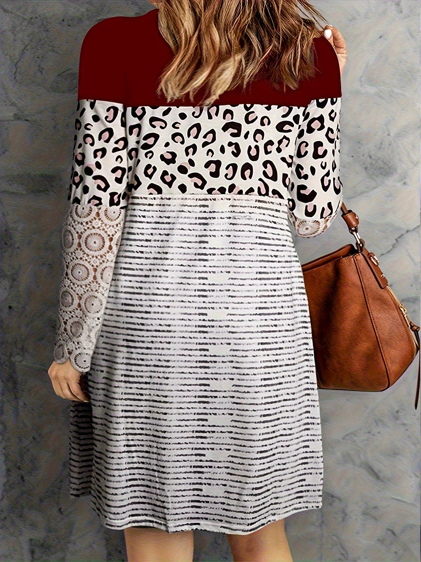 Colorblock Stripe & Leopard Print Lace Dress