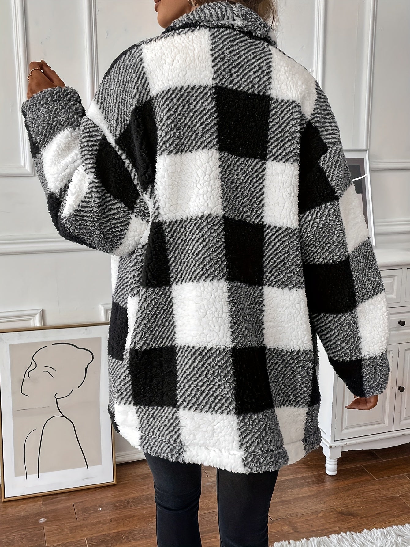 Plaid Print Teddy Coat Waterfall Collar Button Front Warm Outerwear