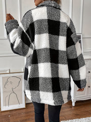 Plaid Print Teddy Coat Waterfall Collar Button Front Warm Outerwear