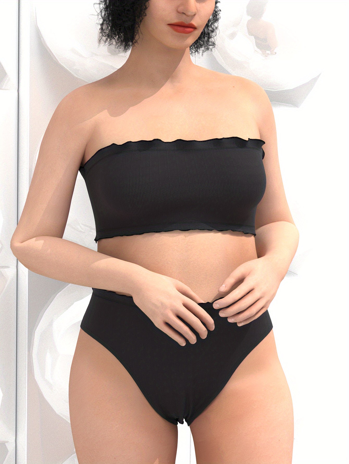 Bikini Set Solid Wave Trim Tube Bra & Panty Swimsuit 2 Piece Set