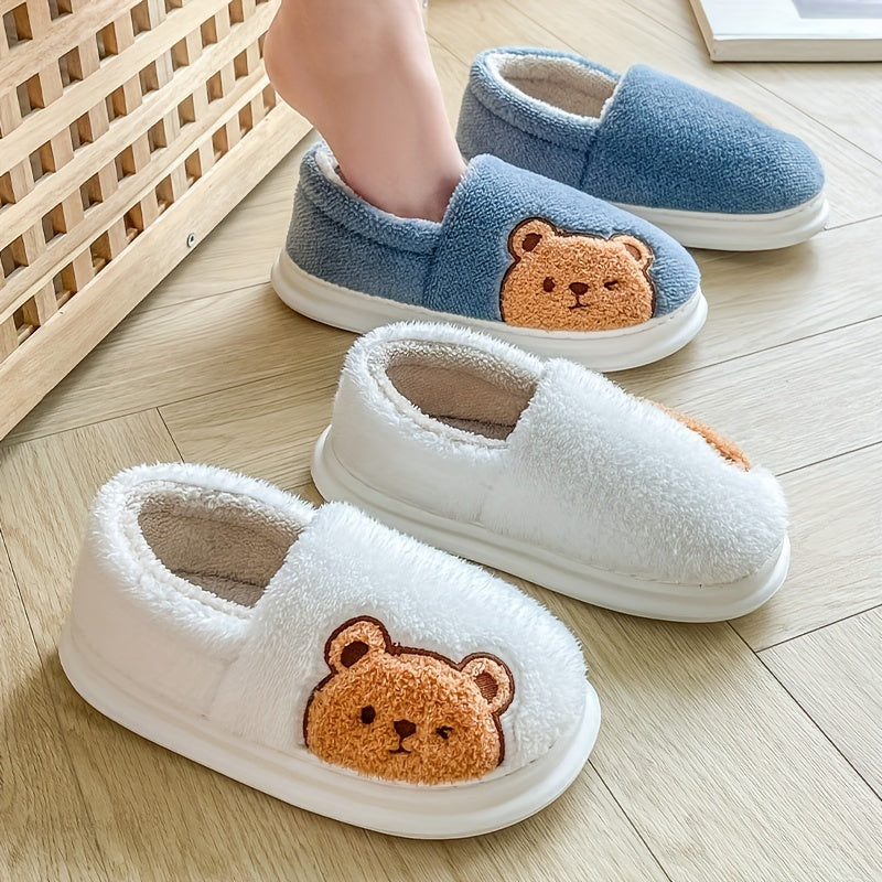 Cartoon Bear Print Slippers Round Toe Low Fluffy Warm Shoes