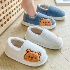 Cartoon Bear Print Slippers Round Toe Low Fluffy Warm Shoes