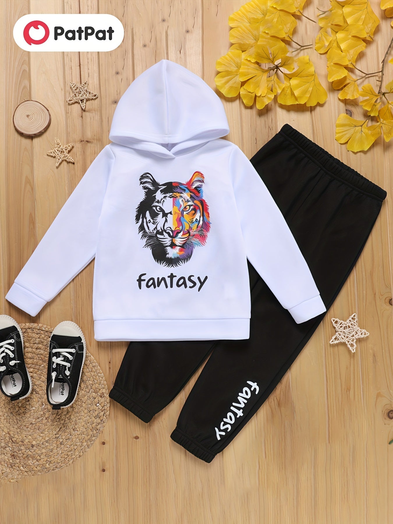 Boy 2pcs Hoodie & Elastic Waist Pants FANTASY Graffiti Tiger Print