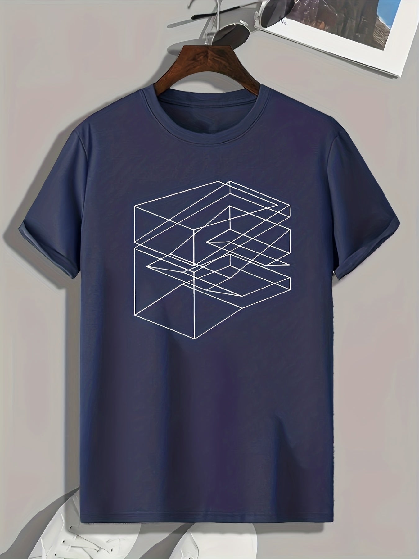 Men's Complex Cube Print Comfy T-shirt for Outdoor Summer