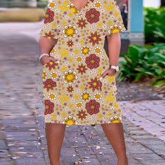 Floral Print Short Sleeve V Neck Dress With Pockets