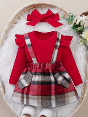 2PCS Toddler Baby Girl Outfit Long Sleeve Tops & Plaid Suspender Dress Set