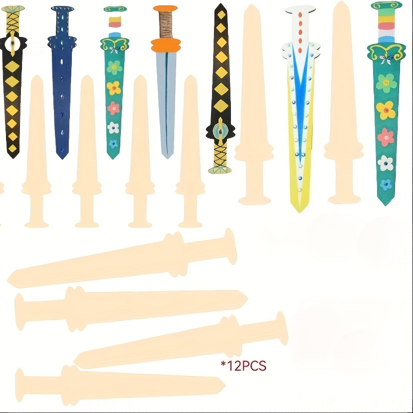 12pcs Unfinished Wooden Sword Set DIY Painting Wood Slice Pirate Swords