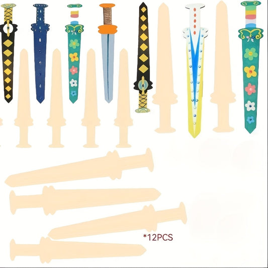 12pcs Unfinished Wooden Sword Set DIY Painting Wood Slice Pirate Swords