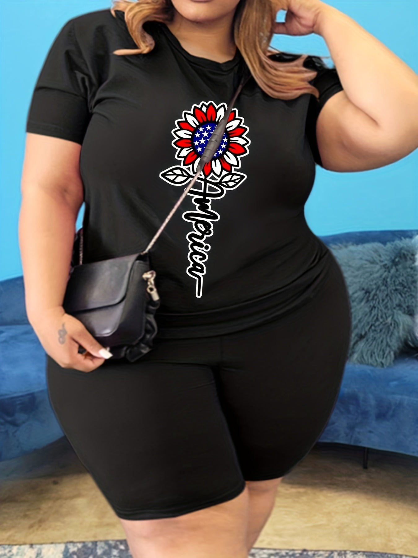 Women's Plus Flag + Sunflower Print Tee & Biker Shorts Set