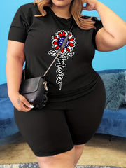Women's Plus Flag + Sunflower Print Tee & Biker Shorts Set