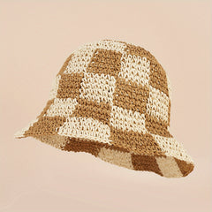 Checkerboard Straw Hat Large Brim Sun Protection Fisherman Hat