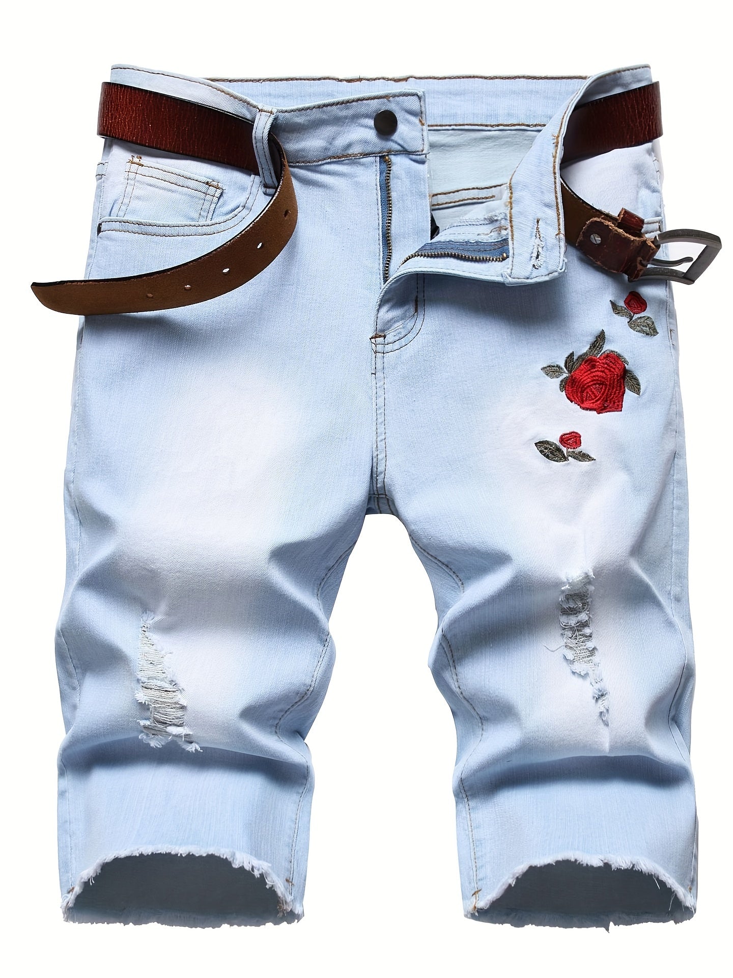 Floral Embroidery Denim Shorts Men's Casual Street Style