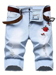 Floral Embroidery Denim Shorts Men's Casual Street Style