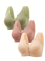 3pcs Lace Wireless Bras Front Buckle Women's Lingerie