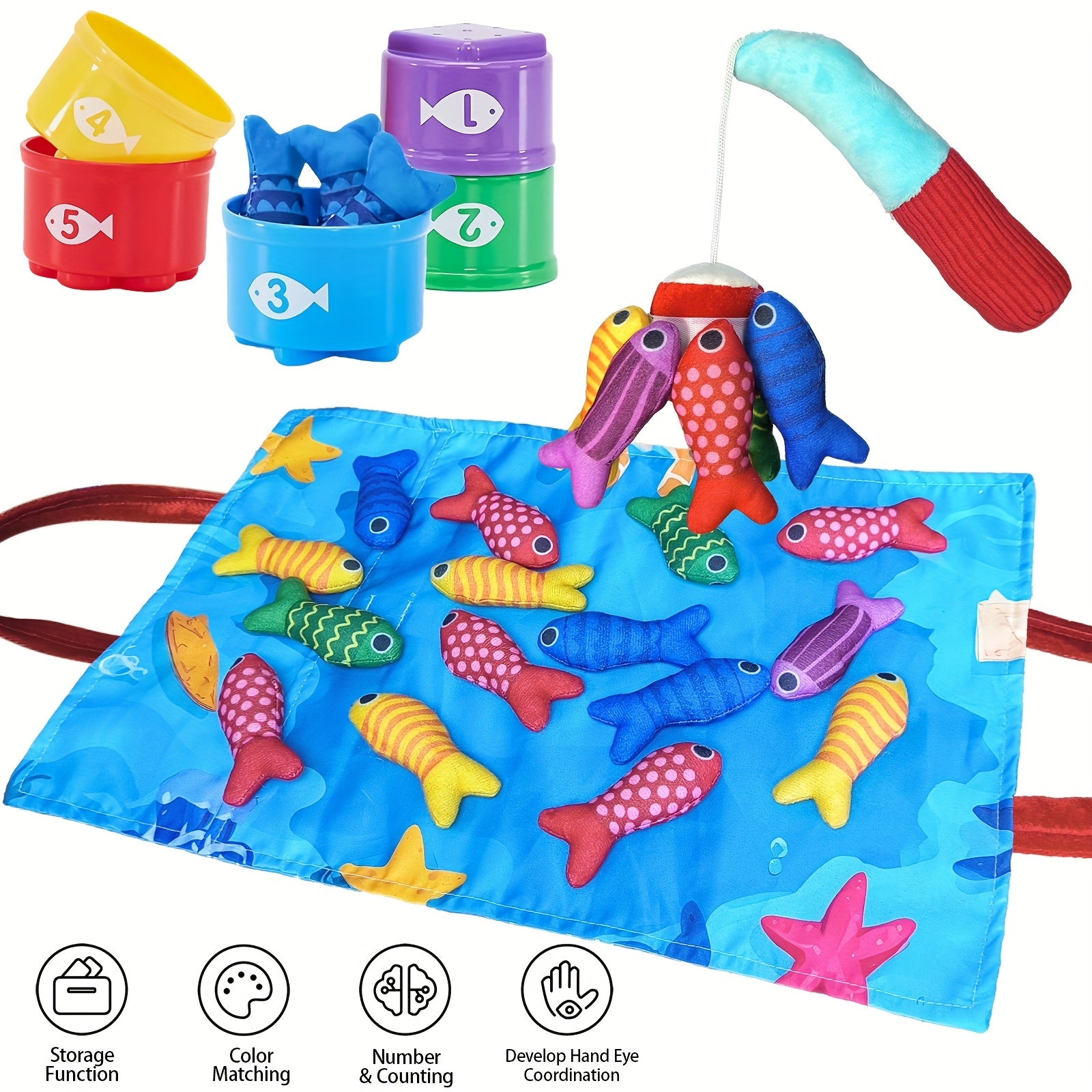 22pcs Fishing Game Set for Kids with Fishing Pole, Fish, Buckets, Mat Cloth